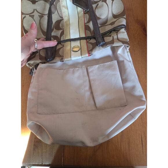 Authentic Coach Monogram Khaki and Vermillion Striped Shoulder Bag Tote Medium - Picture 13 of 13